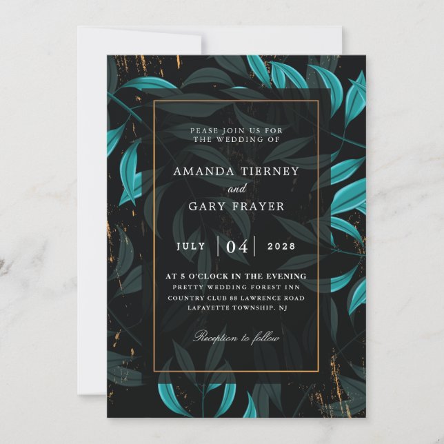 invitation de mariage géométrique turquoise et noi (Devant)