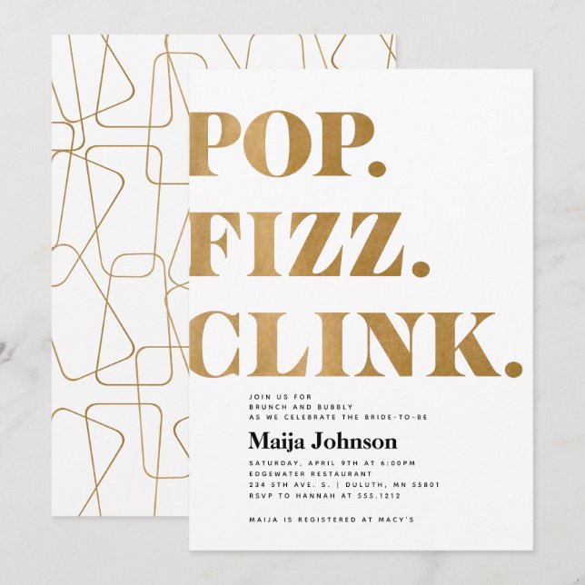 Invitation de mariage Gold Pop Fizz Clink (Devant / Derrière)