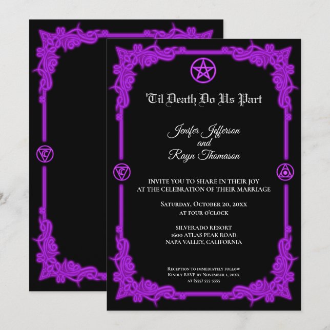 Invitation de mariage gothique à lueur violette en (Devant / Derrière)