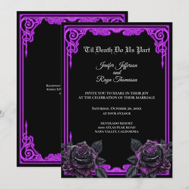 Invitation de mariage gothique à lueur violette en (Devant / Derrière)