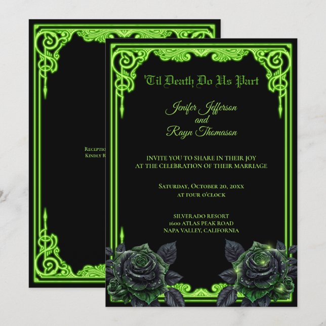 Invitation de mariage gothique à néon vert (Devant / Derrière)