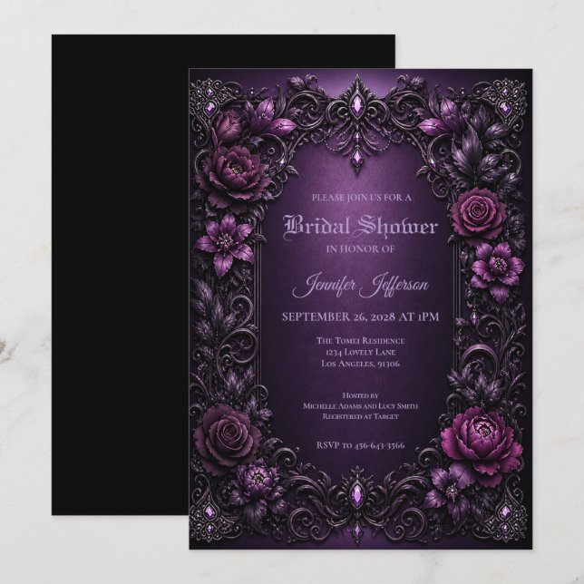 Invitation de mariage gothique aux fleurs violette (Devant / Derrière)