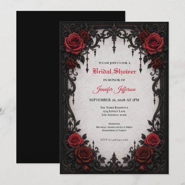 Invitation de mariage gothique aux roses rouges (Devant / Derrière)