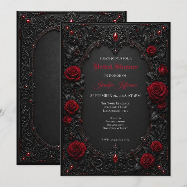 Invitation de mariage gothique aux roses rouges (Devant / Derrière)