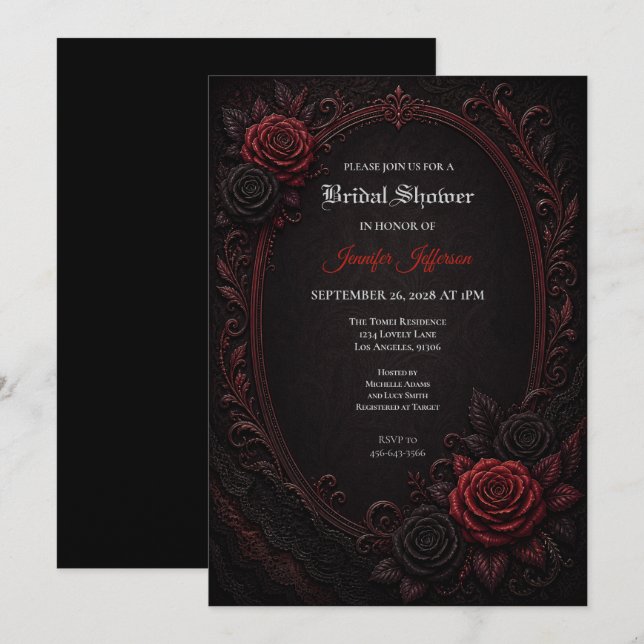 Invitation de mariage gothique aux roses rouges (Devant / Derrière)