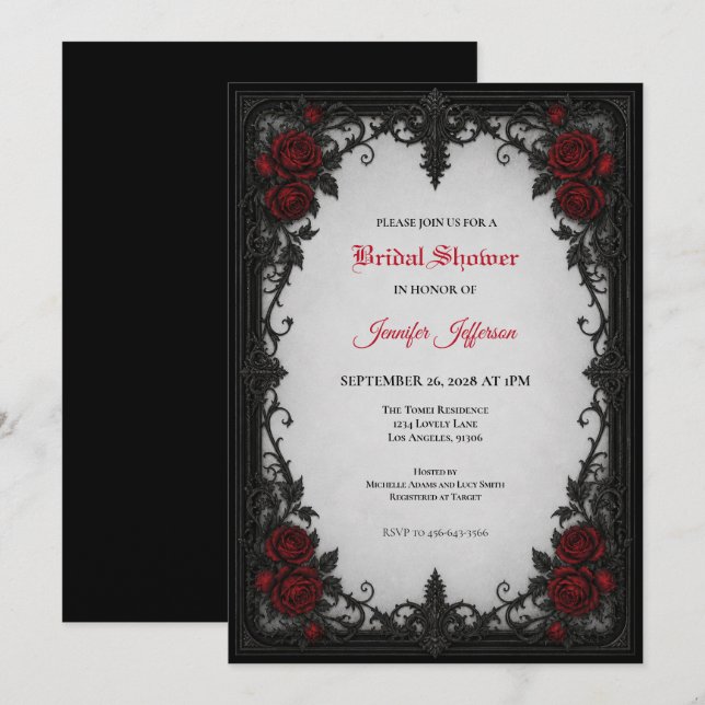 Invitation de mariage gothique aux roses rouges (Devant / Derrière)