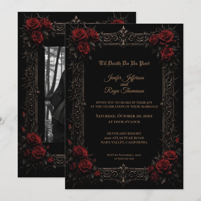 Invitation de mariage gothique aux roses rouges él (Devant / Derrière)