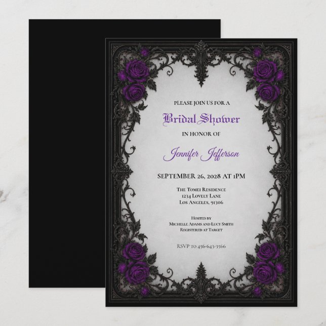 Invitation de mariage gothique aux roses violettes (Devant / Derrière)