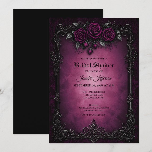 Invitation de mariage gothique aux roses violettes (Devant / Derrière)