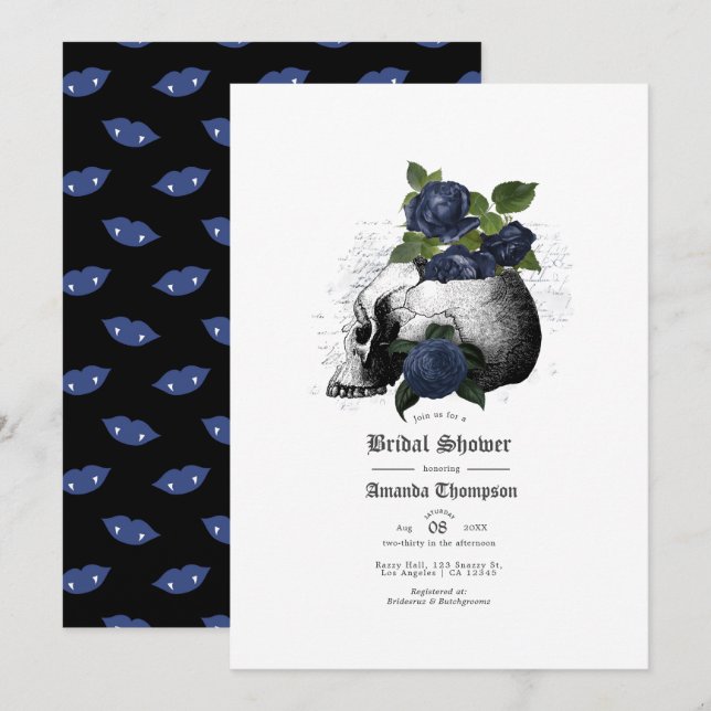 Invitation de mariage gothique crâne floral bleu m (Devant / Derrière)