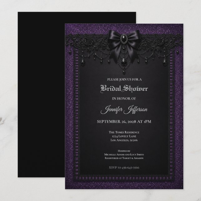 Invitation de mariage gothique dentelle noir viole (Devant / Derrière)