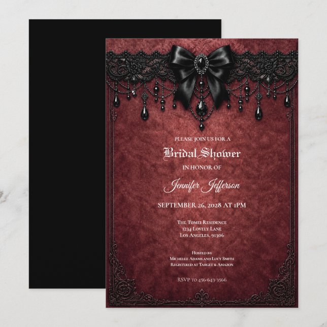 Invitation de mariage gothique dentelle rouge noir (Devant / Derrière)