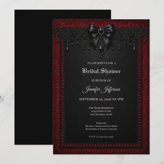 Invitation de mariage gothique dentelle rouge noir (Devant / Derrière)
