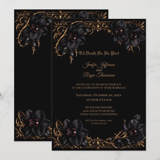Invitation de mariage gothique élégante à orchidée (Devant / Derrière)