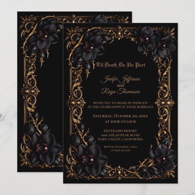 Invitation de mariage gothique élégante à orchidée (Devant / Derrière)