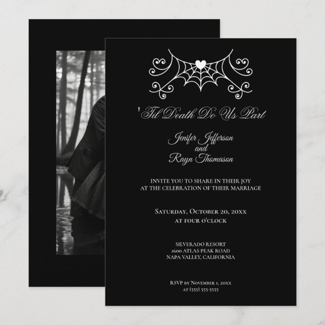 Invitation de mariage gothique élégante noir et bl (Devant / Derrière)