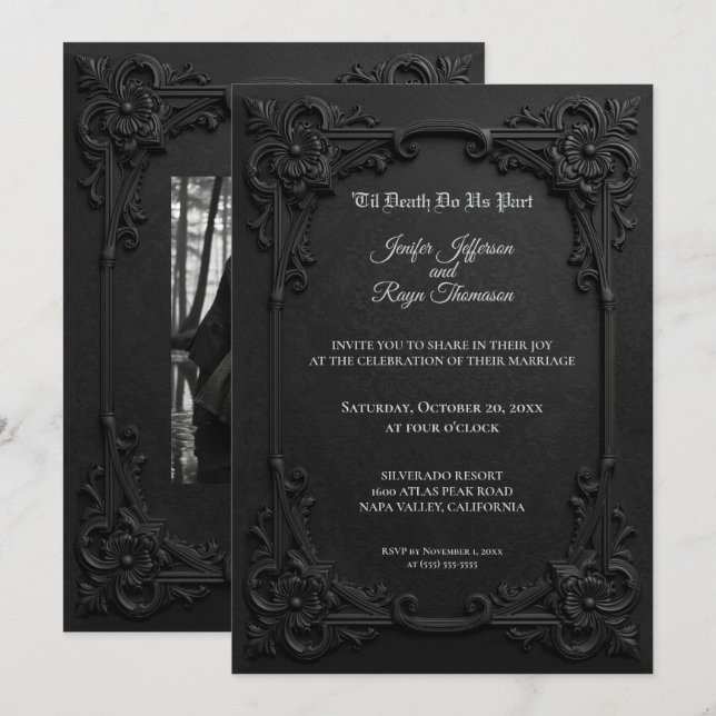 Invitation de mariage gothique élégante noir et bl (Devant / Derrière)