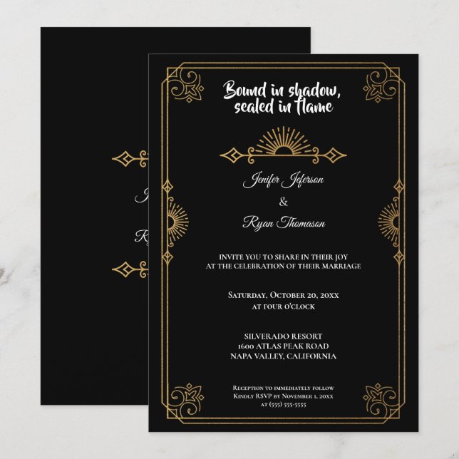 Invitation de mariage gothique élégante noire et d (Devant / Derrière)