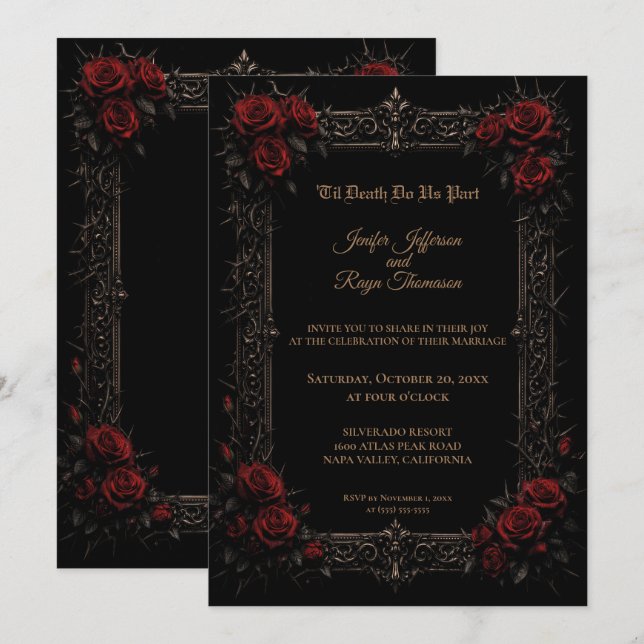 Invitation de mariage gothique élégantes roses rou (Devant / Derrière)