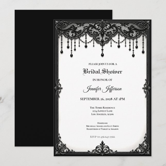 Invitation de mariage gothique en dentelle noire (Devant / Derrière)
