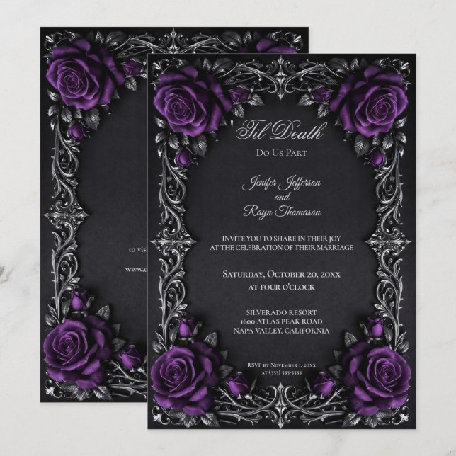 Invitation de mariage gothique floral élégant (Devant / Derrière)