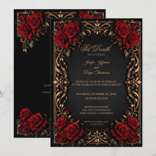 Invitation de mariage gothique floral élégant (Devant / Derrière)