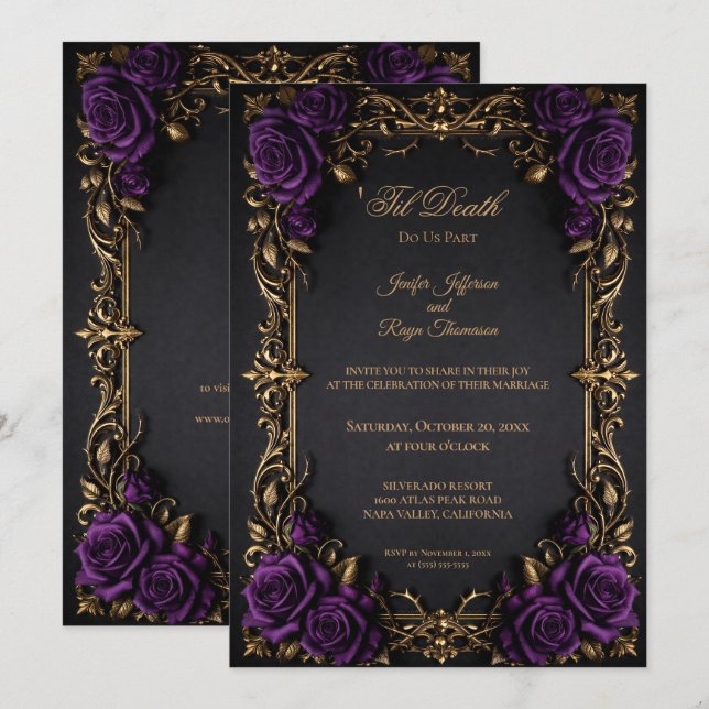 Invitation de mariage gothique floral élégant (Devant / Derrière)