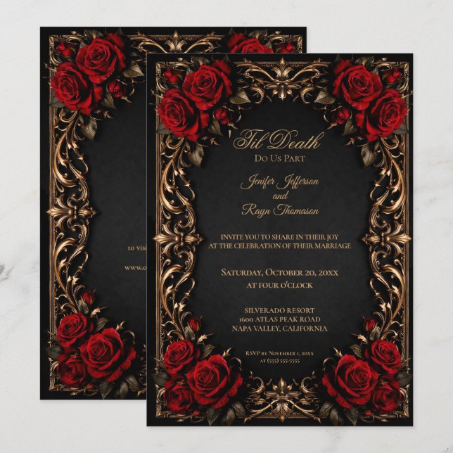Invitation de mariage gothique floral élégant (Devant / Derrière)