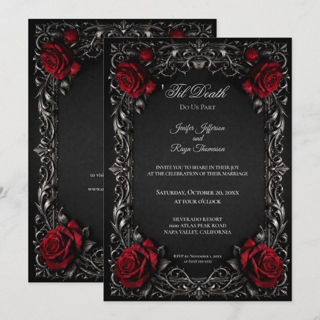 Invitation de mariage gothique floral élégant (Devant / Derrière)
