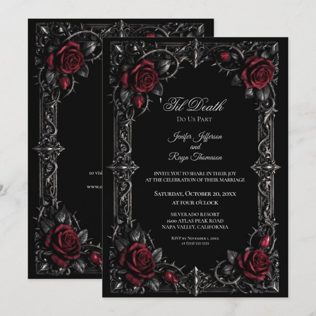 Invitation de mariage gothique floral élégant (Devant / Derrière)
