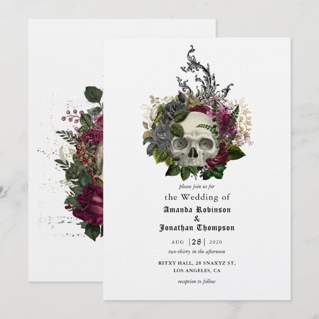 Invitation de mariage gothique Floral Skull Hallow (Devant / Derrière)