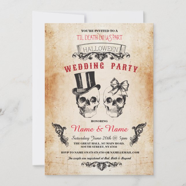 Invitation de mariage gothique Halloween avec crân (Devant)