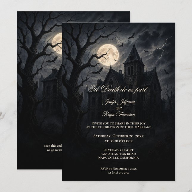Invitation de mariage gothique Halloween château h (Devant / Derrière)