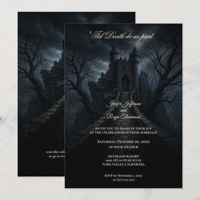 Invitation de mariage gothique Halloween château h (Devant / Derrière)