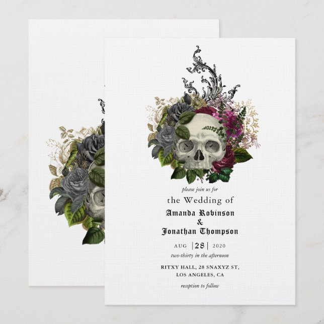 Invitation de mariage gothique Halloween crâne flo (Devant / Derrière)