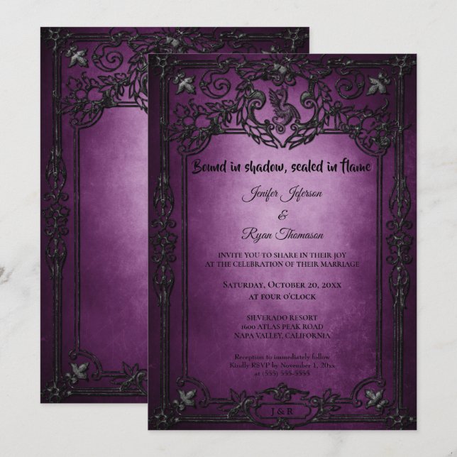 Invitation de mariage gothique Halloween violet fo (Devant / Derrière)