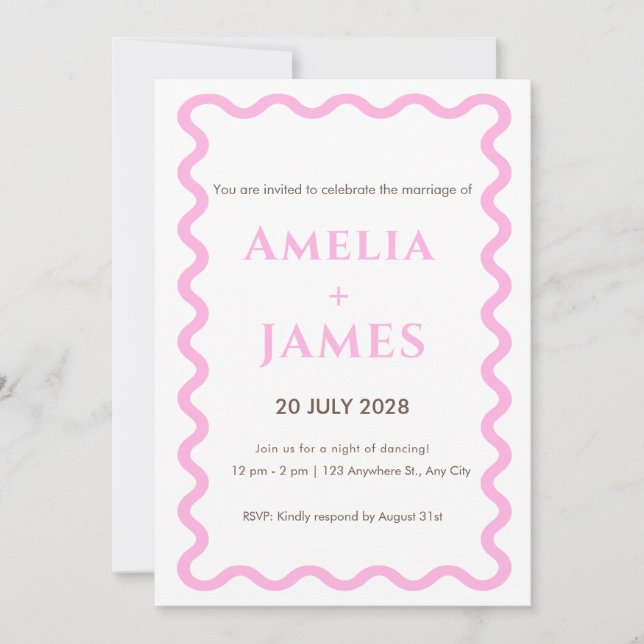 Invitation de mariage gribouillis rose ondulé (Devant)