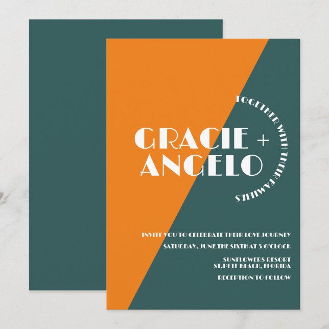Invitation de mariage Groovy Orange Vert Deux Tons (Devant / Derrière)