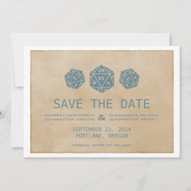 Invitation de mariage grunge bleue avec dés D20 po (Devant)