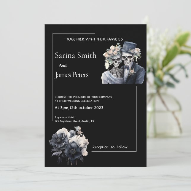 Invitation de mariage Halloween gothique Fleurs no (Debout devant)