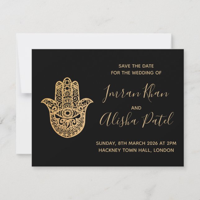 Invitation de mariage Hamsa Henna Or Noir Desi (Devant)
