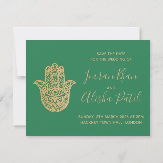 Invitation de mariage Hamsa Henna Or Vert Desi (Devant)