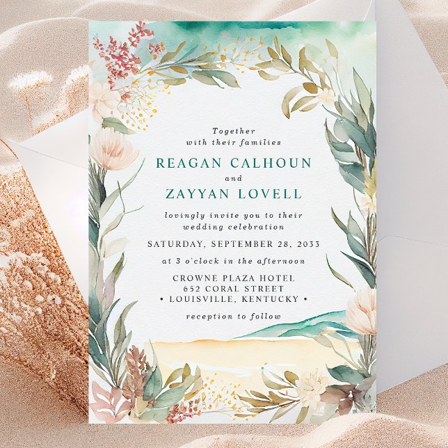 Invitation de mariage herbe de plage florale aquar (Créateur téléchargé)