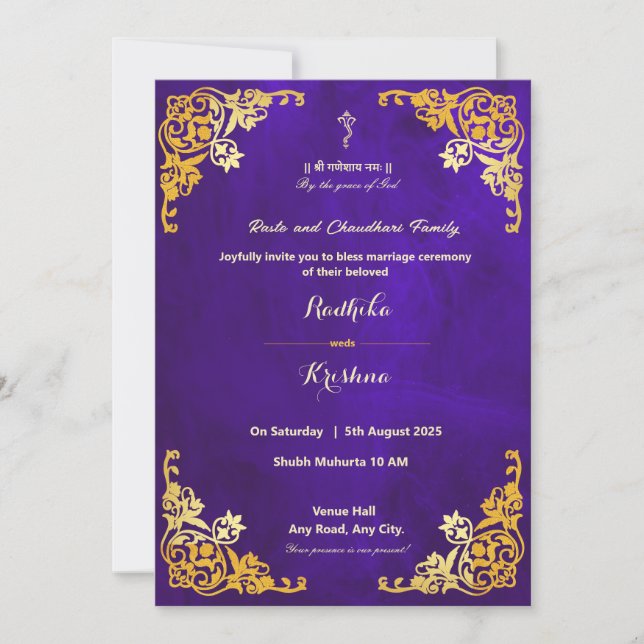 Invitation de mariage hindou bleu royal indien (Devant)