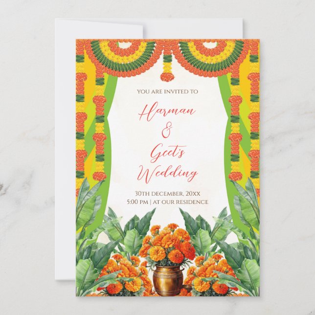 Invitation de mariage hindou | Fleurs de souci à l (Devant)