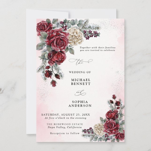 Invitation de mariage hivernal aux roses gelées (Devant)