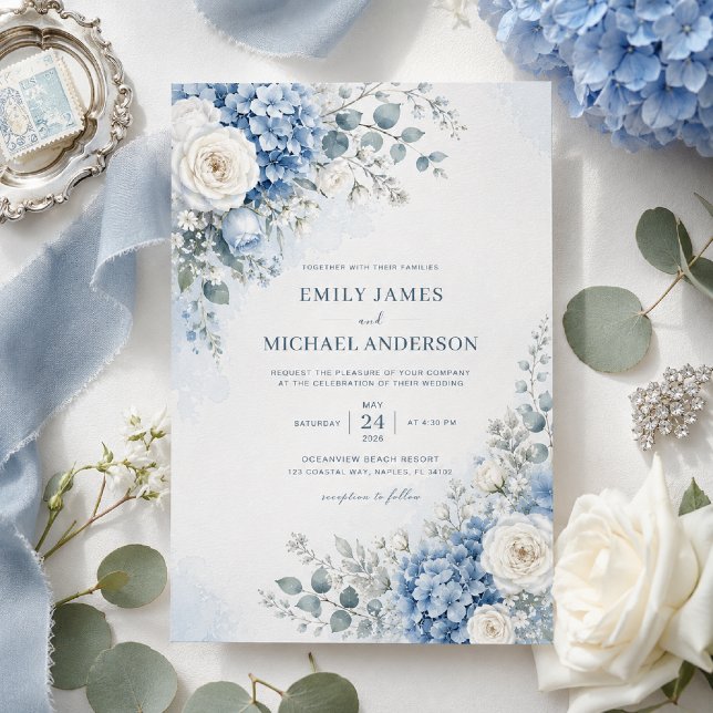 Invitation de mariage Hortensia Bleu (Elegant blue hydrangea invitation styled with timeless coastal wedding details.)