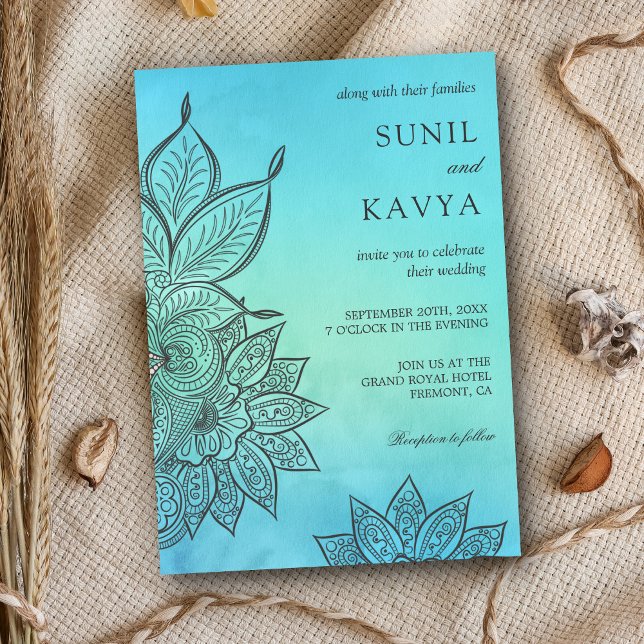 Invitation de mariage indien au henné aquarelle bl (Créateur téléchargé)