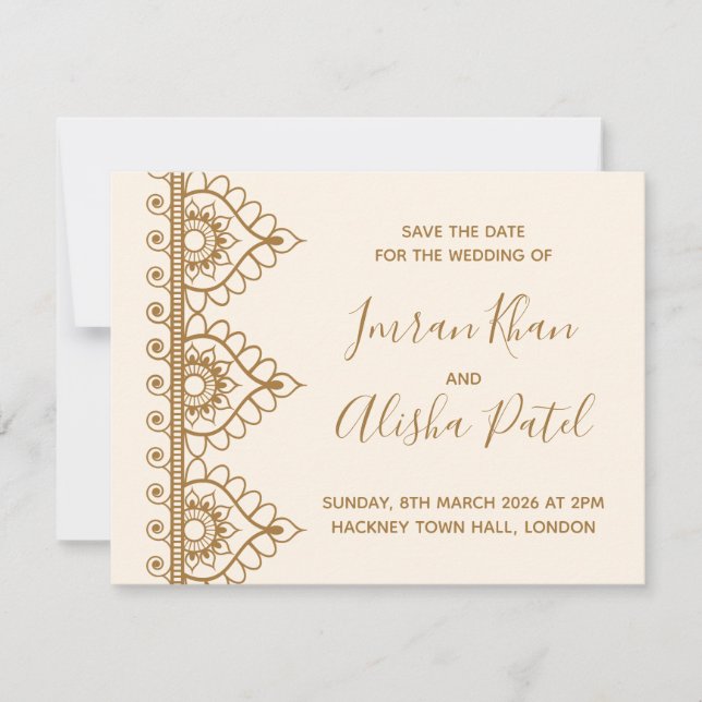 Invitation de mariage indien Desi Henna Cream Gold (Devant)