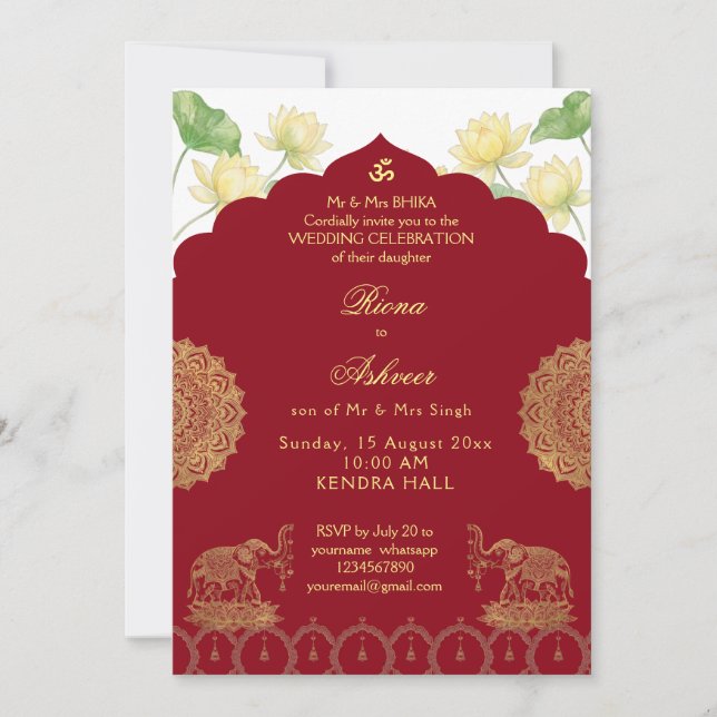 Invitation de mariage indien éléphant mandala (Devant)